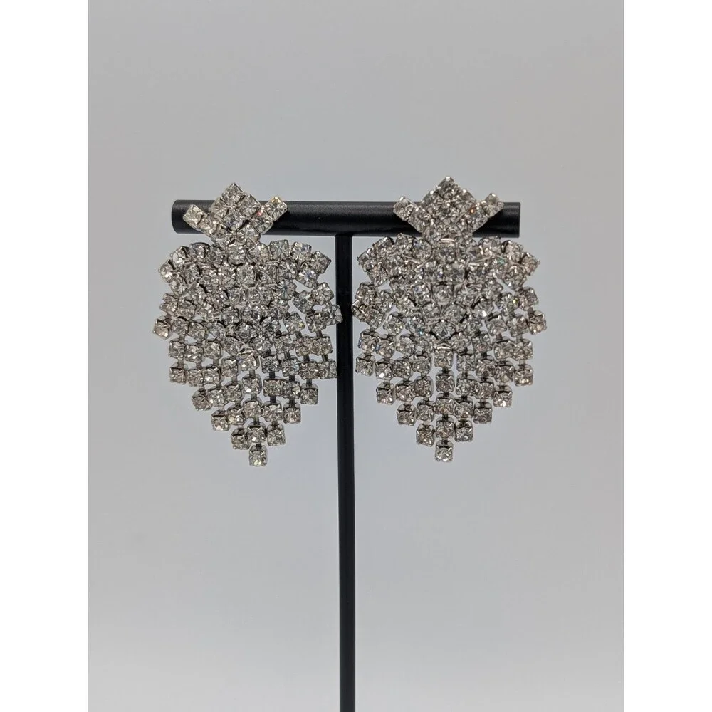 Vtg Statement Cluster Crystal Waterfall Earrings Pierced Dangle Large Sparkle